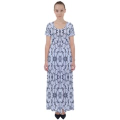 Grey And White Abstract Geometric Print High Waist Short Sleeve Maxi Dress by dflcprintsclothing