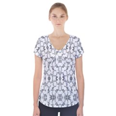 Grey And White Abstract Geometric Print Short Sleeve Front Detail Top by dflcprintsclothing