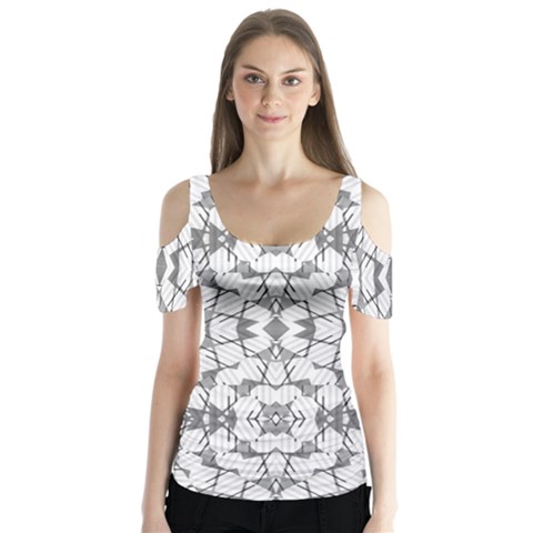 Grey And White Abstract Geometric Print Butterfly Sleeve Cutout Tee  by dflcprintsclothing