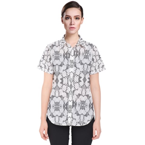 Grey And White Abstract Geometric Print Women s Short Sleeve Shirt by dflcprintsclothing