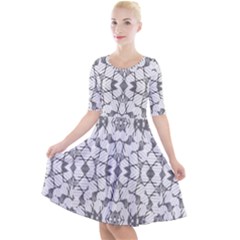 Grey And White Abstract Geometric Print Quarter Sleeve A-line Dress by dflcprintsclothing