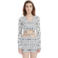 Grey And White Abstract Geometric Print Velvet Wrap Crop Top