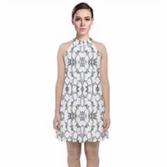 Grey And White Abstract Geometric Print Velvet Halter Neckline Dress  by dflcprintsclothing