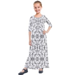 Grey And White Abstract Geometric Print Kids  Quarter Sleeve Maxi Dress by dflcprintsclothing