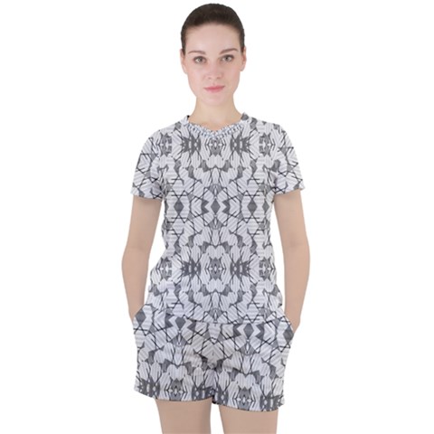 Grey And White Abstract Geometric Print Women s Tee And Shorts Set by dflcprintsclothing