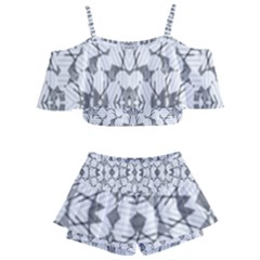 Grey And White Abstract Geometric Print Kids  Off Shoulder Skirt Bikini by dflcprintsclothing