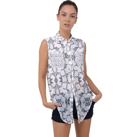 Grey And White Abstract Geometric Print Sleeveless Chiffon Button Shirt by dflcprintsclothing