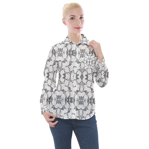 Grey And White Abstract Geometric Print Women s Long Sleeve Pocket Shirt by dflcprintsclothing