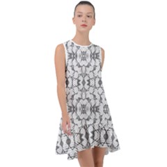 Grey And White Abstract Geometric Print Frill Swing Dress by dflcprintsclothing