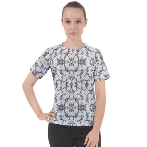 Grey And White Abstract Geometric Print Women s Sport Raglan Tee by dflcprintsclothing