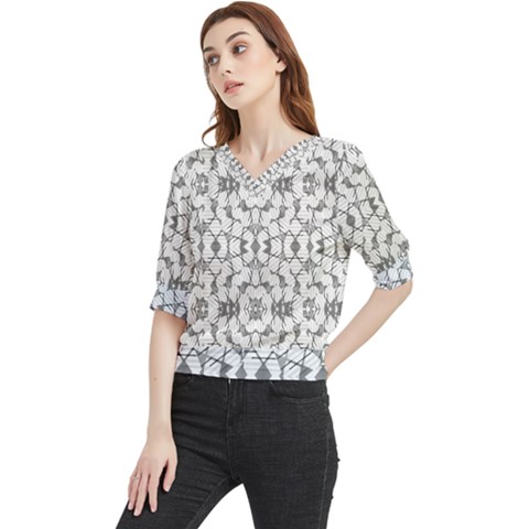 Grey And White Abstract Geometric Print Quarter Sleeve Blouse by dflcprintsclothing