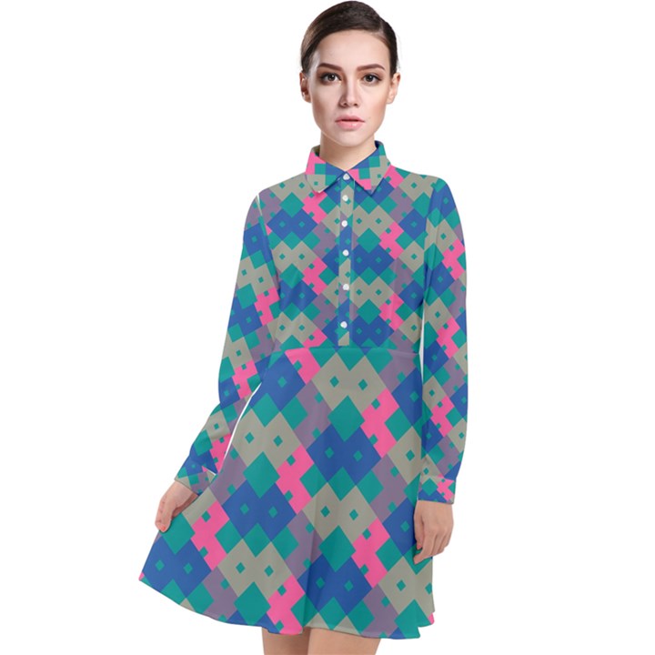 Geo Puzzle Long Sleeve Chiffon Shirt Dress