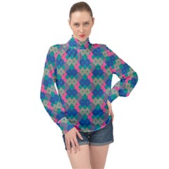 Geo Puzzle High Neck Long Sleeve Chiffon Top