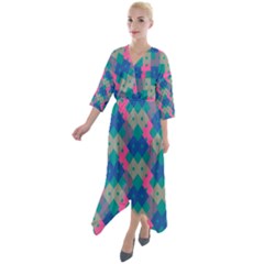 Geo Puzzle Quarter Sleeve Wrap Front Maxi Dress