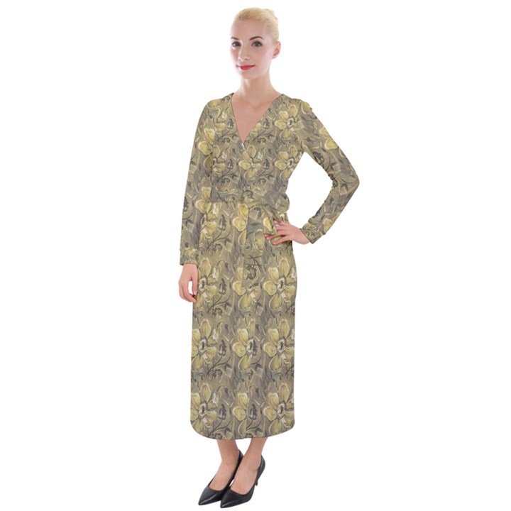 Retro Stlye Floral Decorative Print Pattern Velvet Maxi Wrap Dress