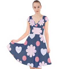 Flowers And Hearts  Cap Sleeve Front Wrap Midi Dress by MooMoosMumma