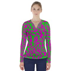 Neon Big Cat V-neck Long Sleeve Top by Angelandspot