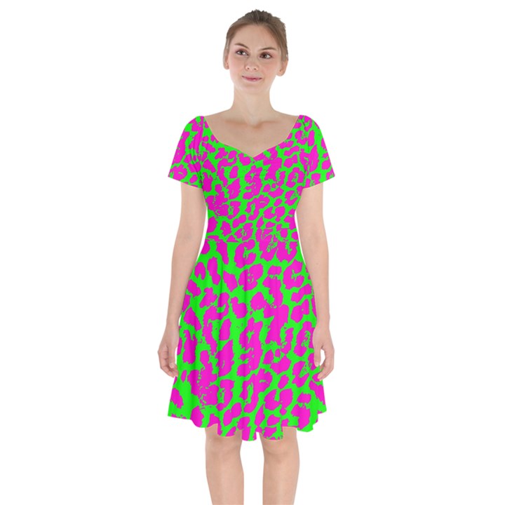 Neon Big Cat Short Sleeve Bardot Dress