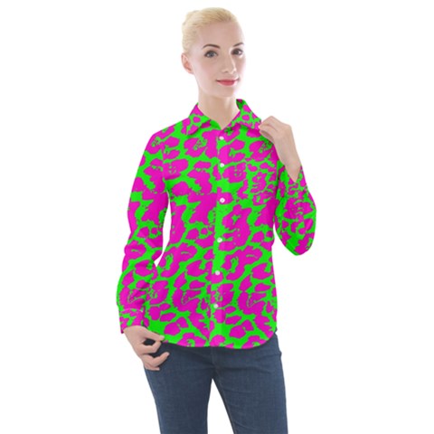 Neon Big Cat Women s Long Sleeve Pocket Shirt by Angelandspot