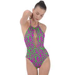 Neon Big Cat Plunge Cut Halter Swimsuit by Angelandspot