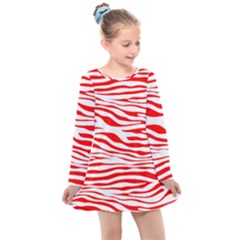 Red And White Zebra Kids  Long Sleeve Dress by Angelandspot