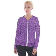 Purple Big Cat Pattern Velour Zip Up Jacket