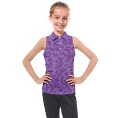 Purple Big Cat Pattern Kids  Sleeveless Polo Tee