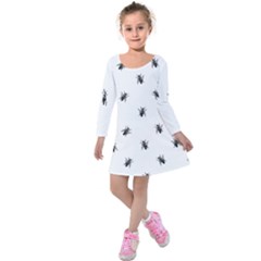 Housefly Drawing Motif Print Pattern Kids  Long Sleeve Velvet Dress