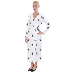 Housefly Drawing Motif Print Pattern Velvet Maxi Wrap Dress