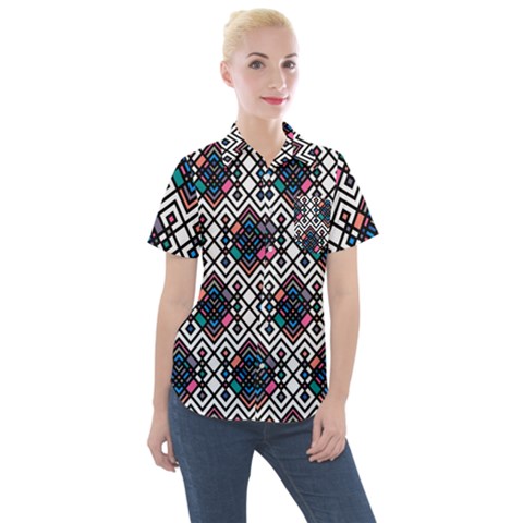 Boho Geometric Women s Short Sleeve Pocket Shirt by tmsartbazaar