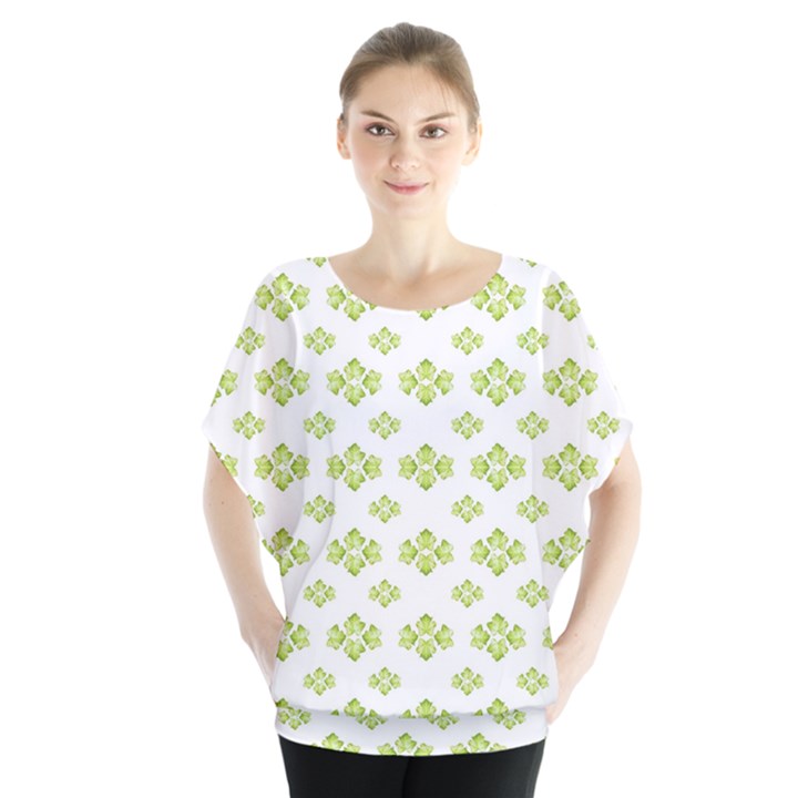 Bright Leaves Motif Print Pattern Design Batwing Chiffon Blouse