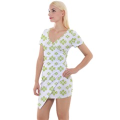 Bright Leaves Motif Print Pattern Design Short Sleeve Asymmetric Mini Dress by dflcprintsclothing