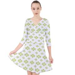 Bright Leaves Motif Print Pattern Design Quarter Sleeve Front Wrap Dress