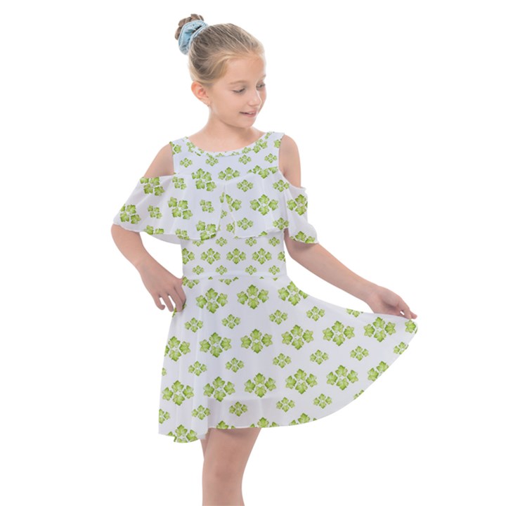 Bright Leaves Motif Print Pattern Design Kids  Shoulder Cutout Chiffon Dress