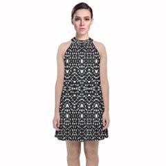 Ethnic Black And White Geometric Print Velvet Halter Neckline Dress  by dflcprintsclothing