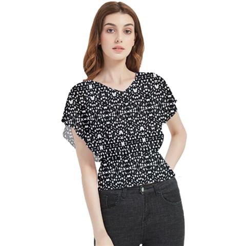 Ethnic Black And White Geometric Print Butterfly Chiffon Blouse by dflcprintsclothing