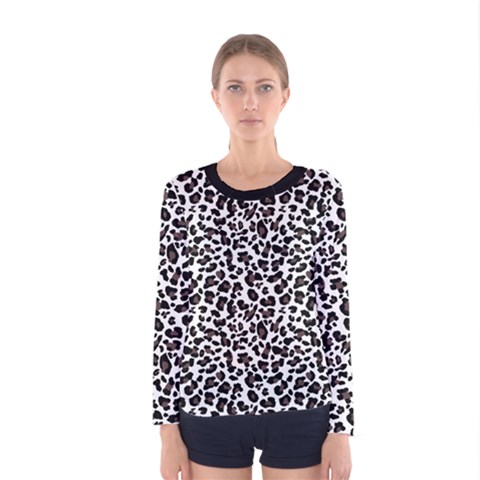 Leopard Spots, White, Brown Black, Animal Fur Print Women s Long Sleeve Tee by Casemiro