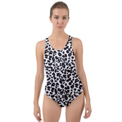 Leopard Spots, White, Brown Black, Animal Fur Print Cut-out Back One Piece Swimsuit by Casemiro