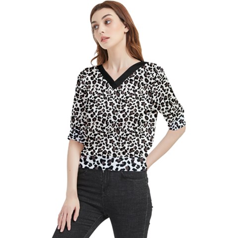 Leopard Spots, White, Brown Black, Animal Fur Print Quarter Sleeve Blouse by Casemiro