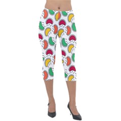 Geometric Fruity Lightweight Velour Capri Leggings  by tmsartbazaar