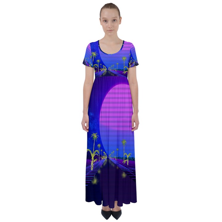 Blue Club High Waist Short Sleeve Maxi Dress