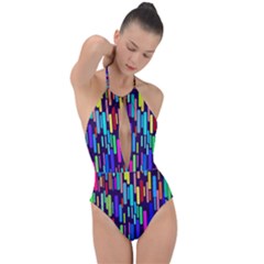 Abstract Line Plunge Cut Halter Swimsuit