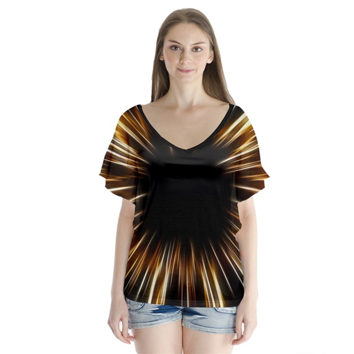 Color Gold Yellow V-Neck Flutter Sleeve Top