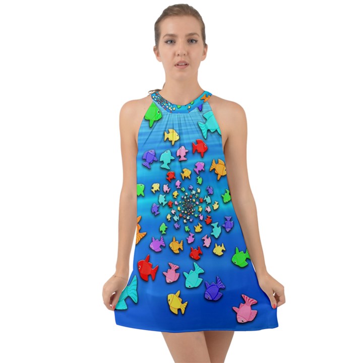 Fractal Art School Of Fishes Halter Tie Back Chiffon Dress