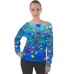 Fractal Art School Of Fishes Off Shoulder Long Sleeve Velour Top