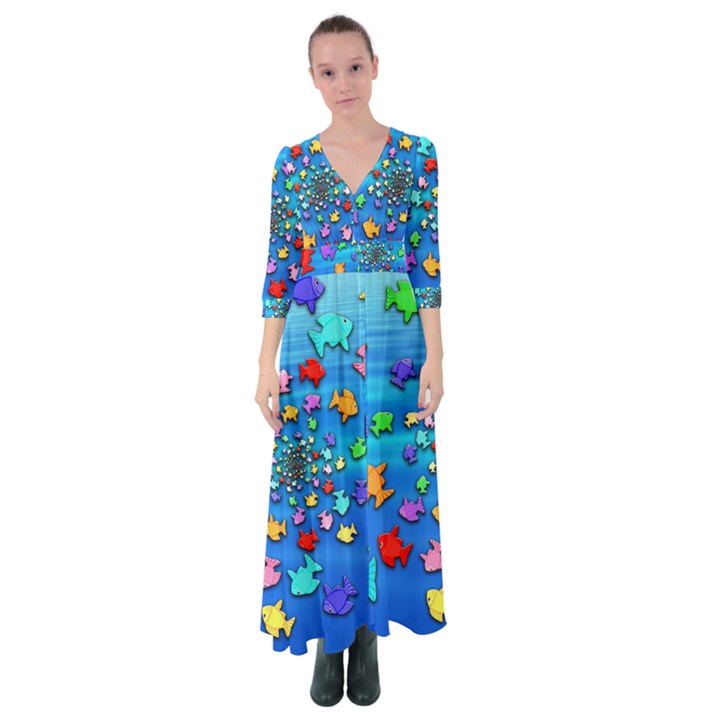 Fractal Art School Of Fishes Button Up Maxi Dress