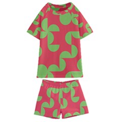 Retro Red And Greren Kids  Swim Tee And Shorts Set by MooMoosMumma