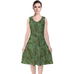 Green Army Camouflage Pattern V-neck Midi Sleeveless Dress  by SpinnyChairDesigns