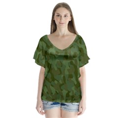 Green Army Camouflage Pattern V-neck Flutter Sleeve Top by SpinnyChairDesigns