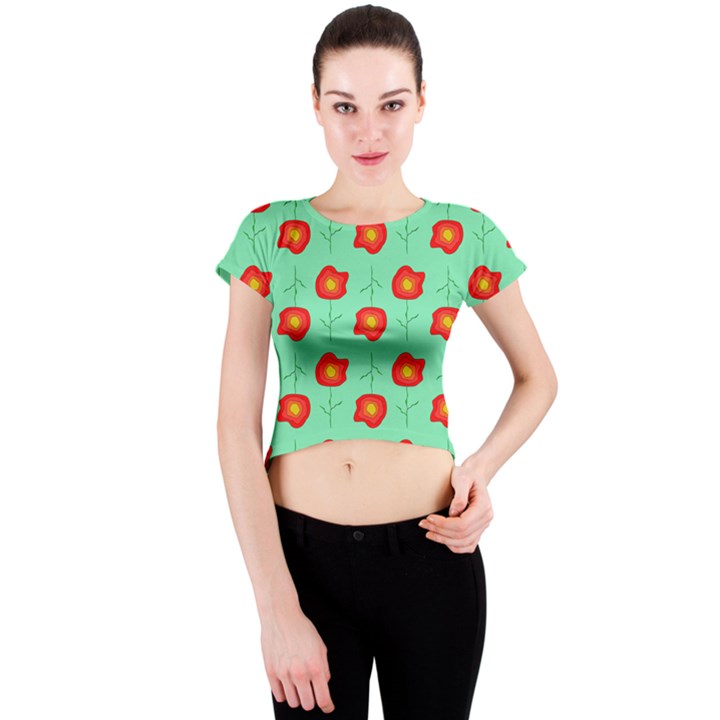 Flower Pattern Ornament Crew Neck Crop Top